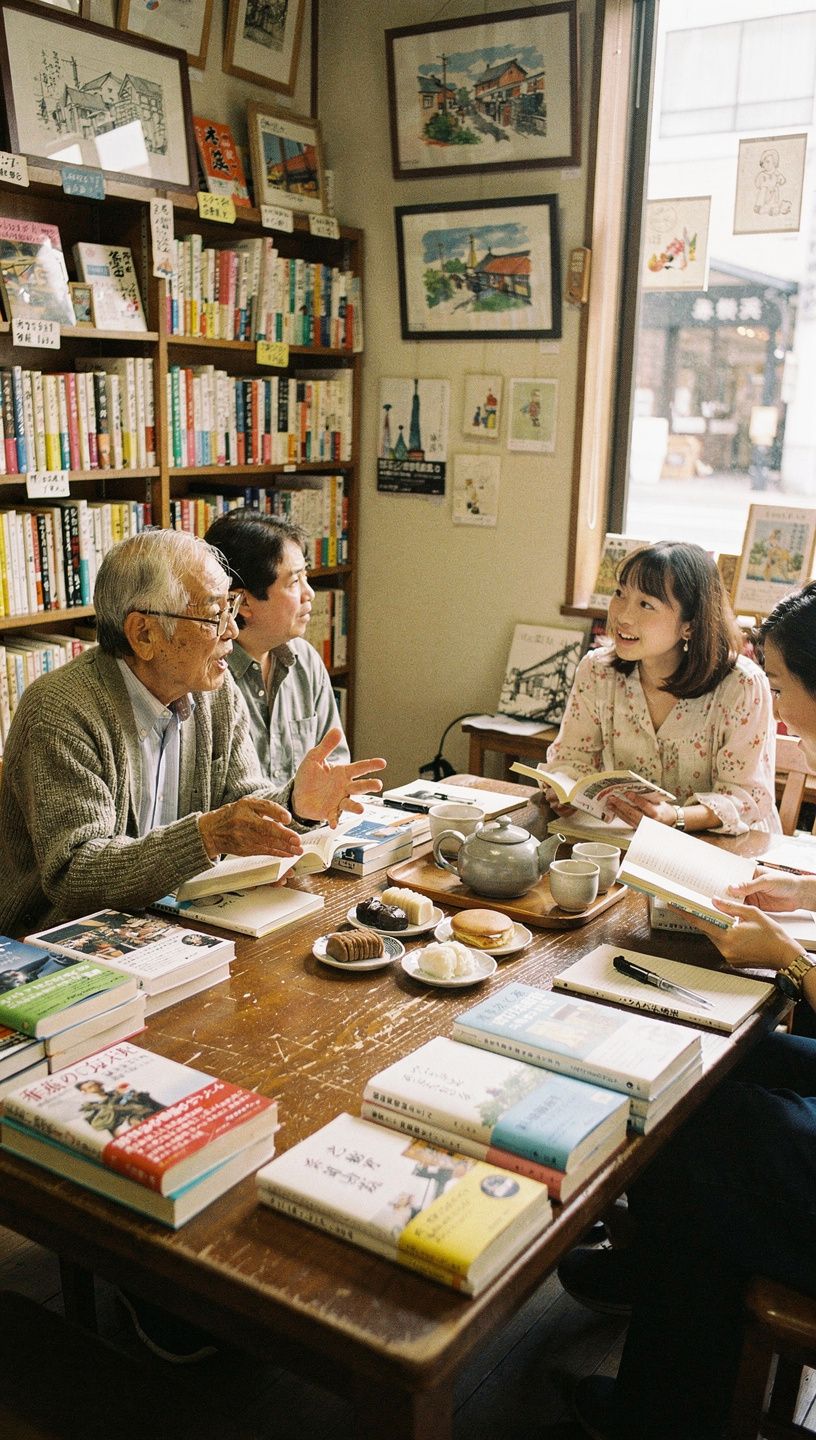 読書会の様子で、参加者が本を手に取っているシーン